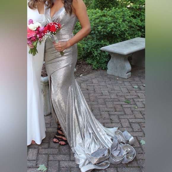 Jovani Silver/Goldish Dress with long, beautiful train - Picture 3 of 4